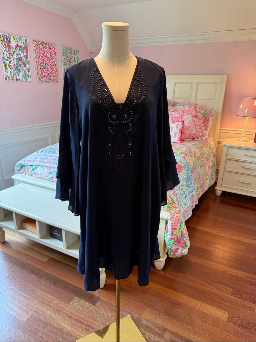 Lilly Pulitzer Navy Beaded V-Neck Long Sleeve Tunic Dress